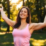 Femeie meditând în natură, simbolizând dezvoltarea personală.