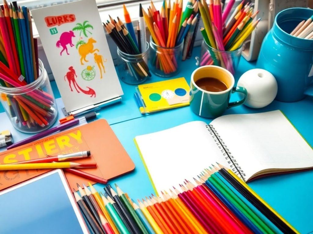 Birou creativ cu rechizite colorate și o cafea.