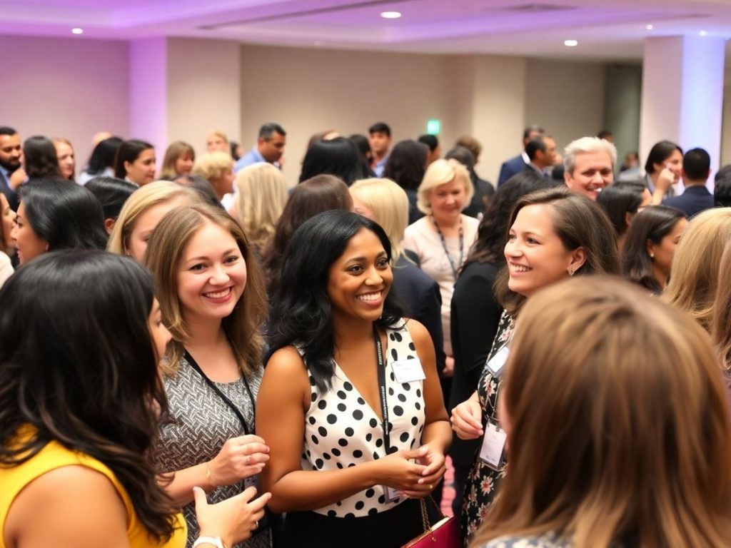 Femei diverse discutând la un eveniment de networking.