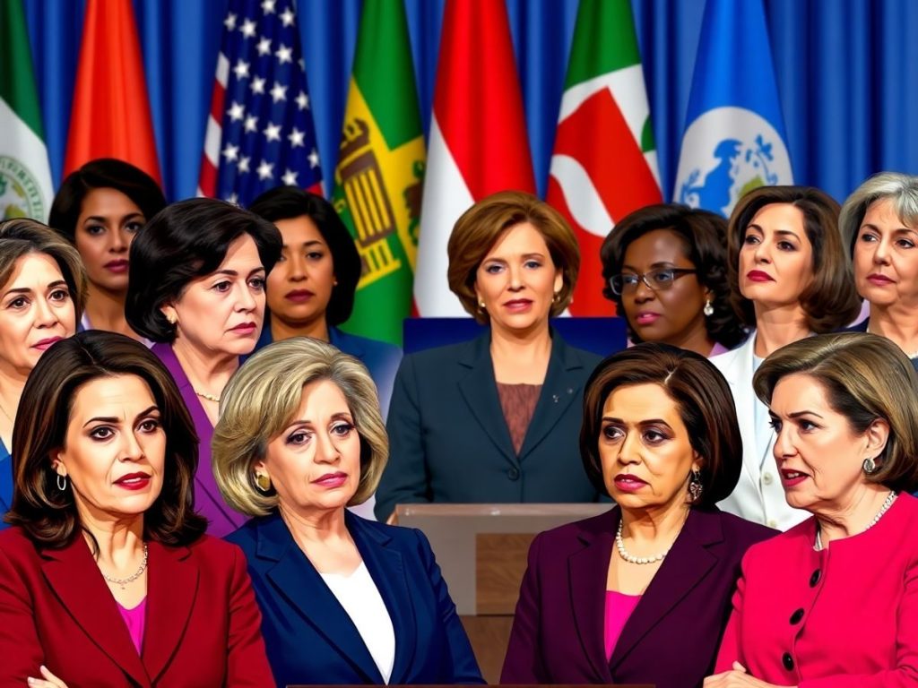 Femei diverse discutând în mediu politic formal.