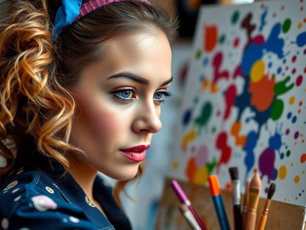 Femeie artist lucrând în studio plin de culoare.