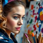 Femeie artist lucrând în studio plin de culoare.