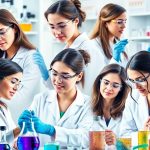 Femei de știință în laborator, experimente și determinare.