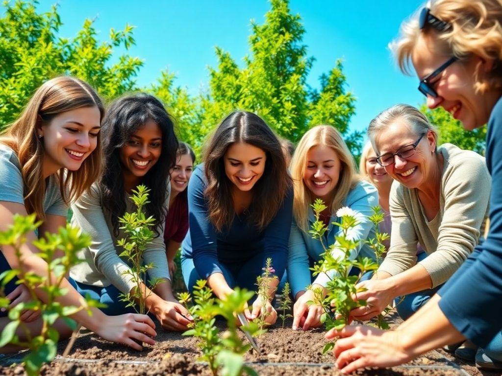Grup de femei diverse voluntariind, plantând copaci în grădina comunității.