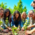 Grup de femei diverse voluntariind, plantând copaci în grădina comunității.