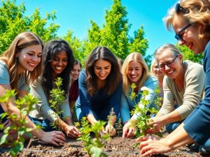 Grup de femei diverse voluntariind, plantând copaci în grădina comunității.